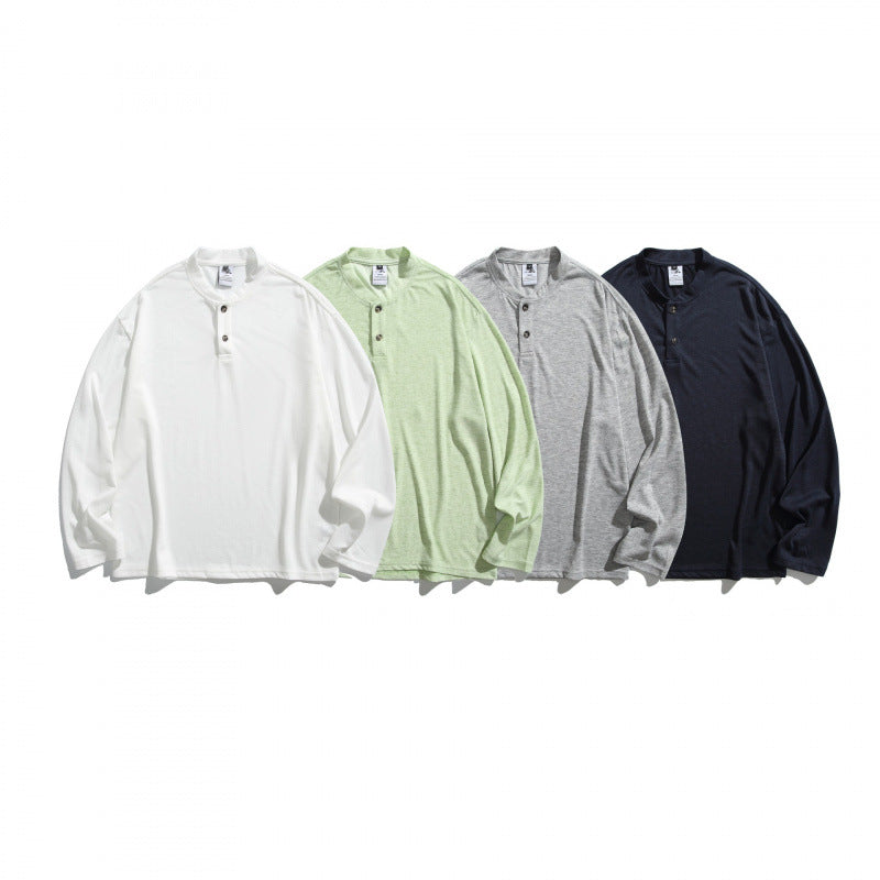 Unisex Loose Henley Long Sleeve with Stand Collar and Waffle Texture Chichicherry