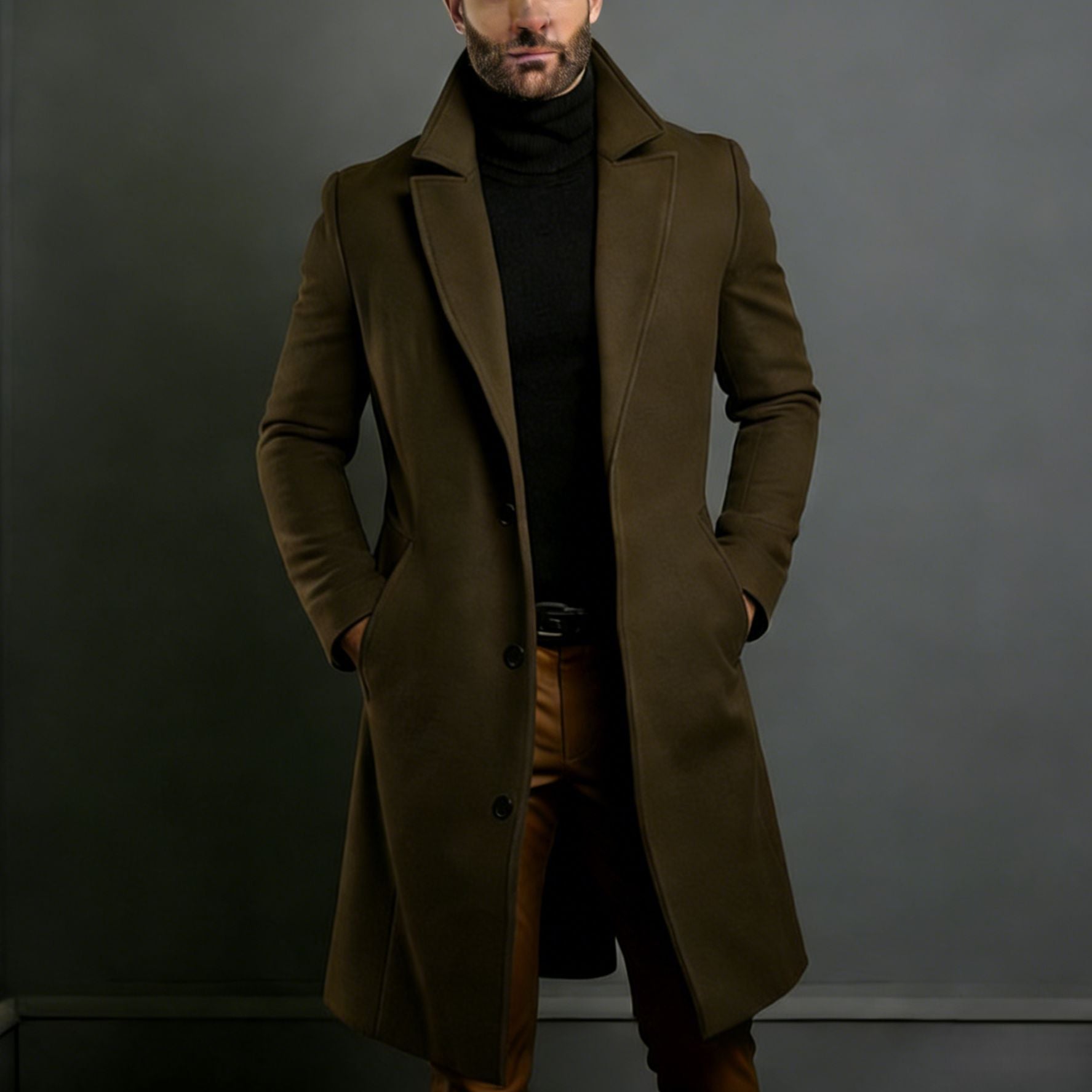 Men's Elegant Single-Breasted Long Coat Made of Wool Blend with Slim Silhouette and Lapel Collar Chichicherry