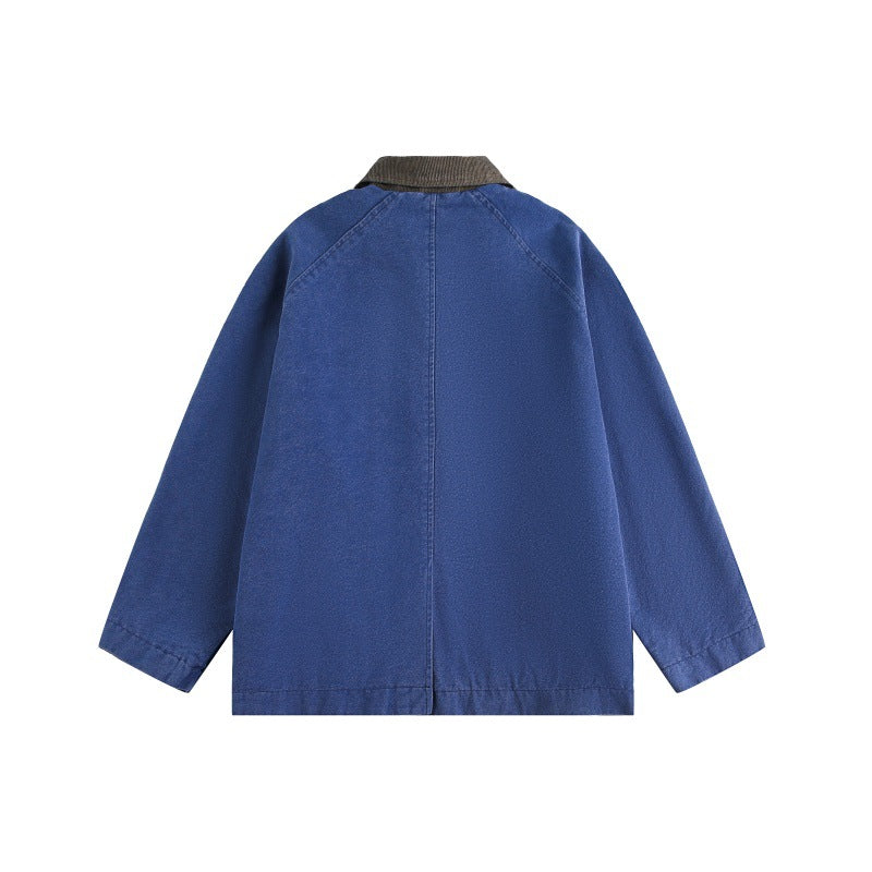 Unisex Short Cut Boxy Denim Jacket with Cord Collar and Tonal Decorative Stitches Chichicherry