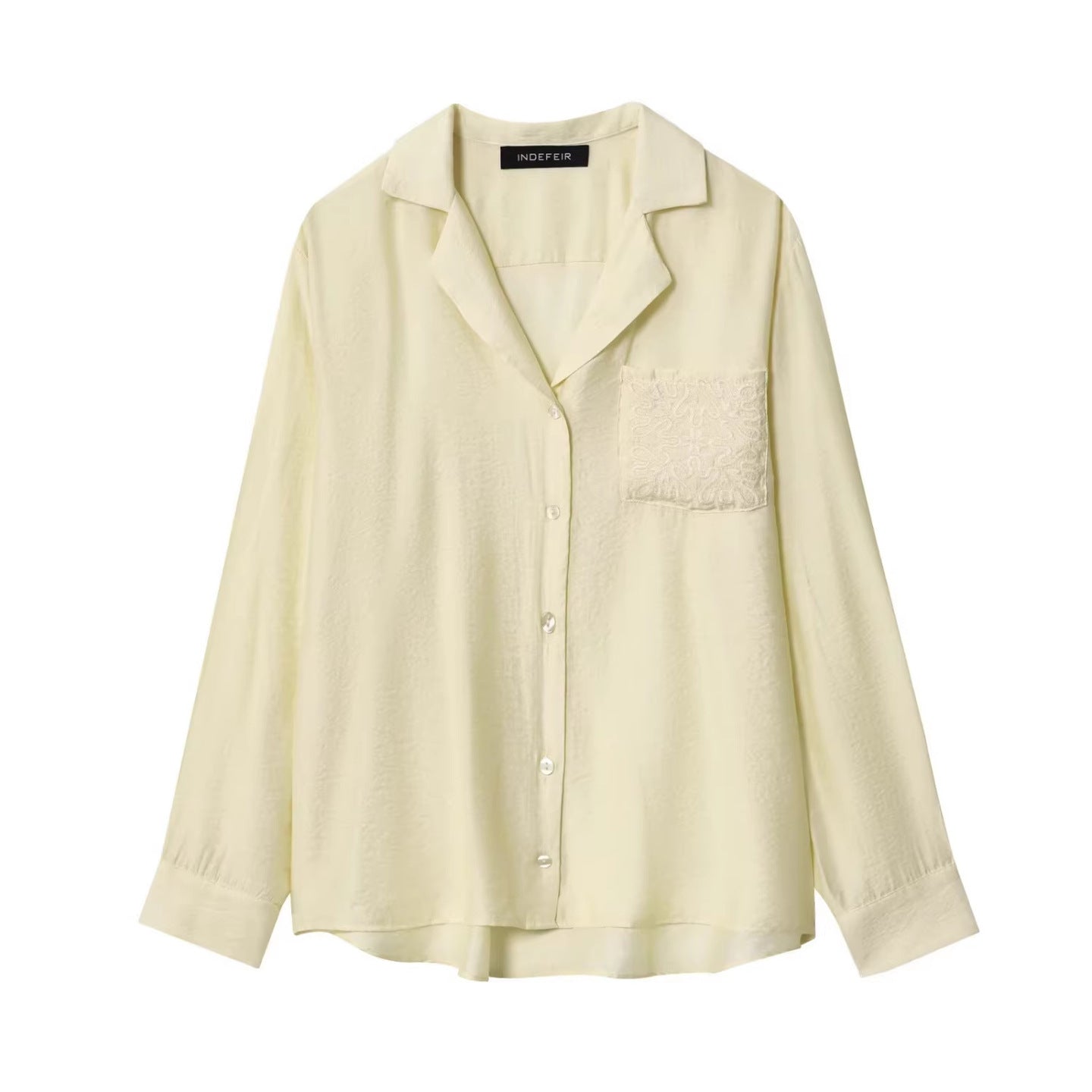 Women's Loose Satin Shirt with Notched Collar and Embroidered Chest Pocket Chichicherry