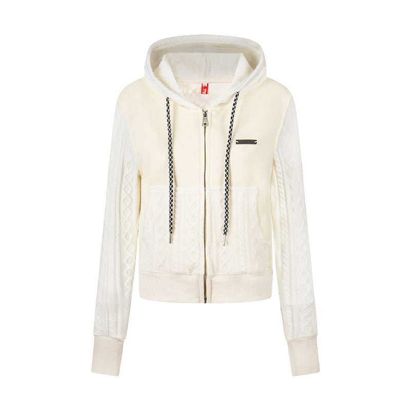 Women's short-cut hooded jacket with textured knit panels, drawstring, and metal zipper Chichicherry