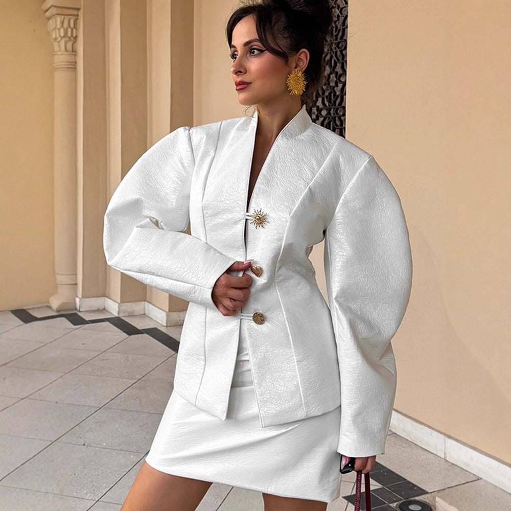 Women's Tailored Blazer Suit with Sculptural Balloon Sleeves and Mini Skirt Chichicherry