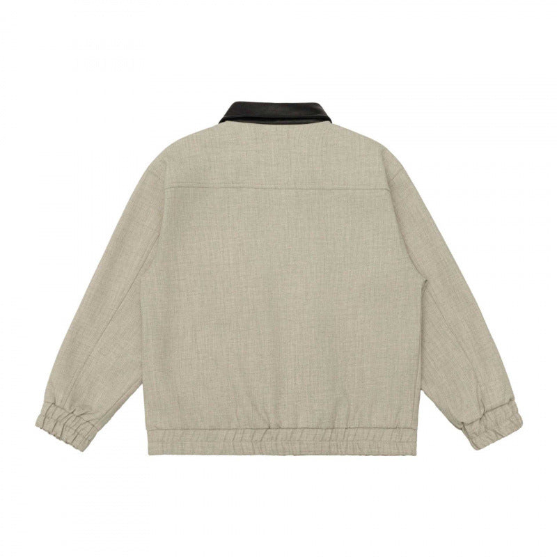 Men's short boxy jacket made of wool blend with contrasting leather collar, zipper and patch pockets Chichicherry