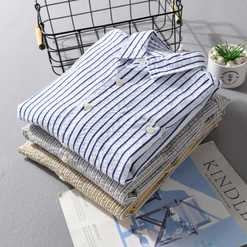 Men's Textured Stripe Shirt in Relaxed Fit made of Cotton-Linen Blend with Chest Pocket Chichicherry
