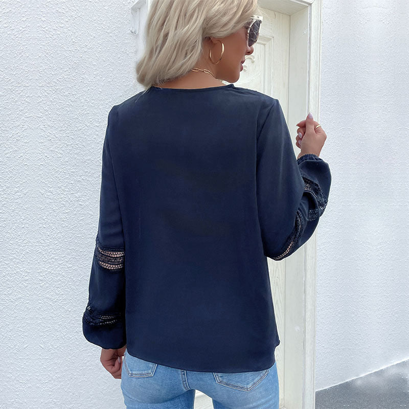 Ladies satin blouse with V-neck, decorative lace yoke and sleeves with lace insert Chichicherry