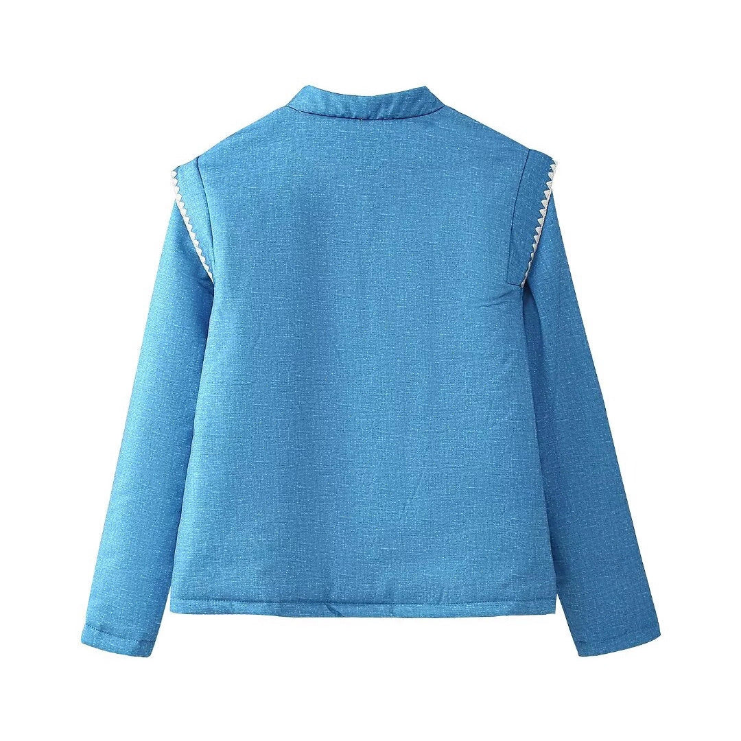 Women Quilted Linen Look Stand Collar Jacket with Folk Chest Embroidery & Patch Pockets Chichicherry