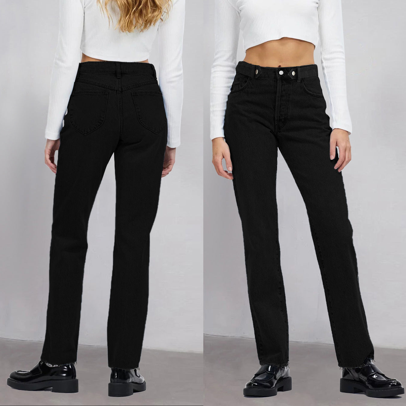 Women high-waisted straight-cut jeans made of rigid denim with raw hem Chichicherry