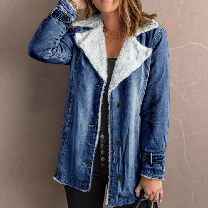 Women's Oversized Denim Jacket with Teddy Lining, Button Placket and Patch Pockets Chichicherry