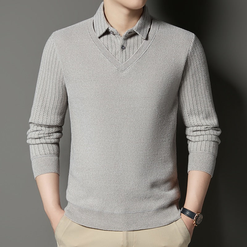 Herren Feinstrick-Pullover mit V-Ausschnitt und integriertem Polokragen Chichicherry