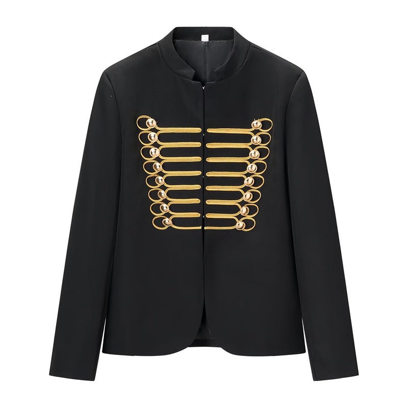 Women Military-Inspired Short Jacket with Stand-Up Collar and Golden Decorative Braid Chichicherry