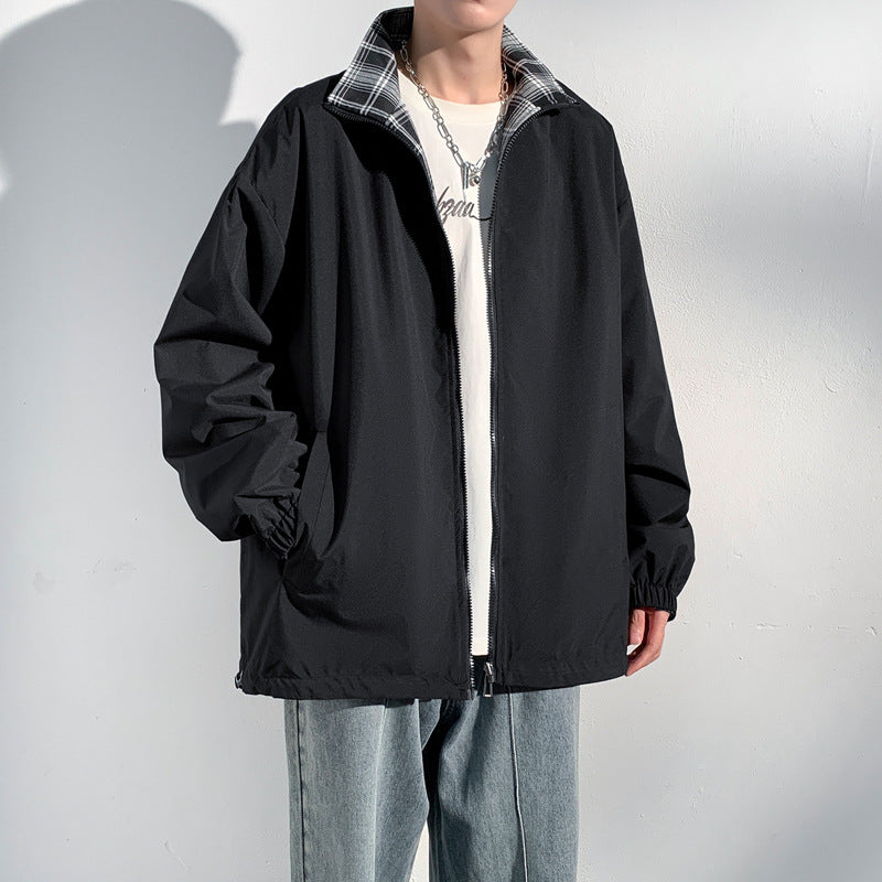 Men's Oversize Utility Transition Jacket with Zipper and Contrasting Checkered Inner Collar Chichicherry