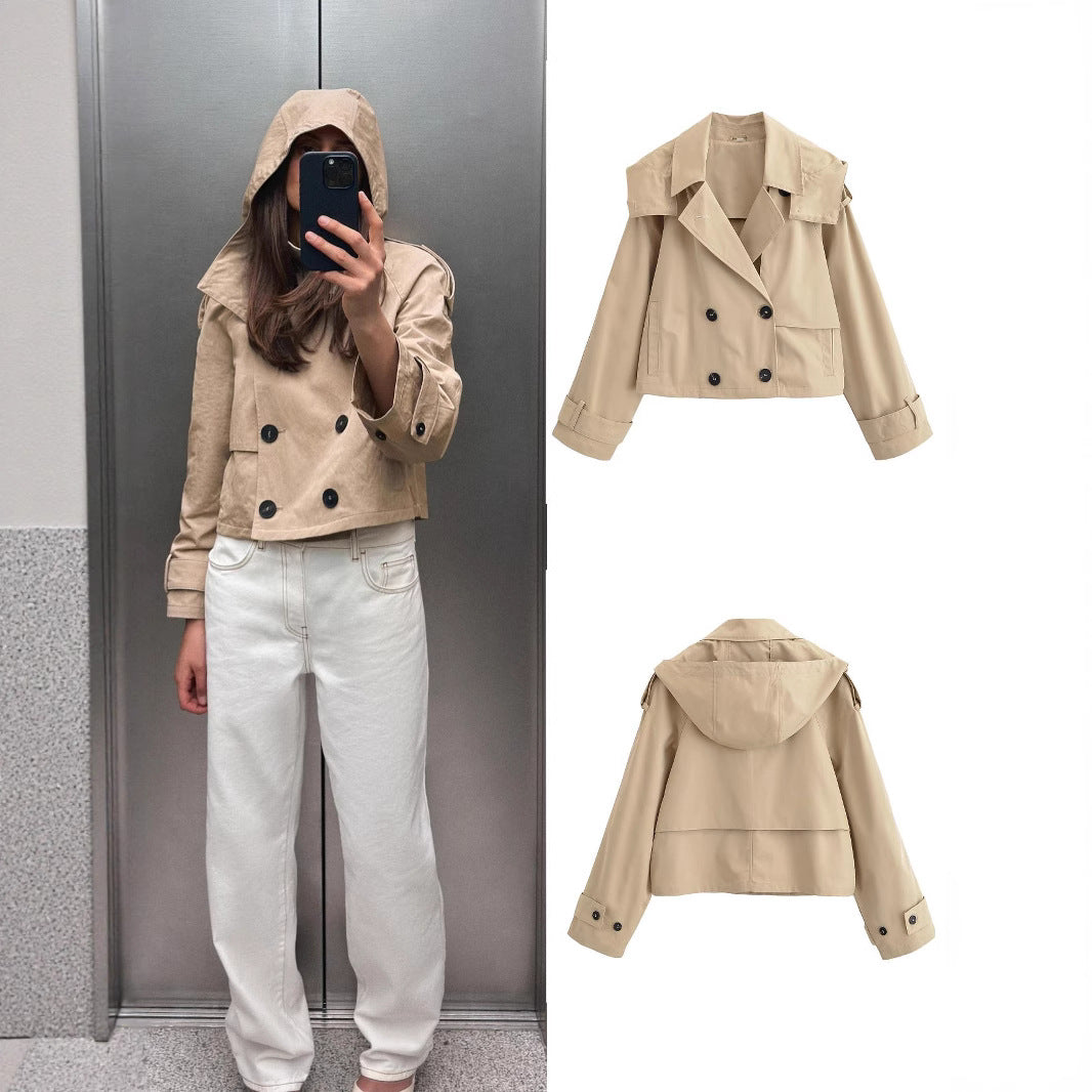 Women short jacket in trench coat style with double-breasted button placket and adjustable cuffs Chichicherry