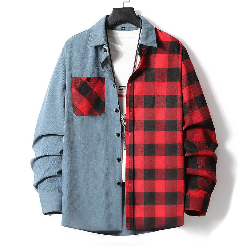 Men's Half-Split Overshirt in Lumberjack Check with Contrasting Solid Side, Chest Pocket, and Continuous Button Placket Chichicherry