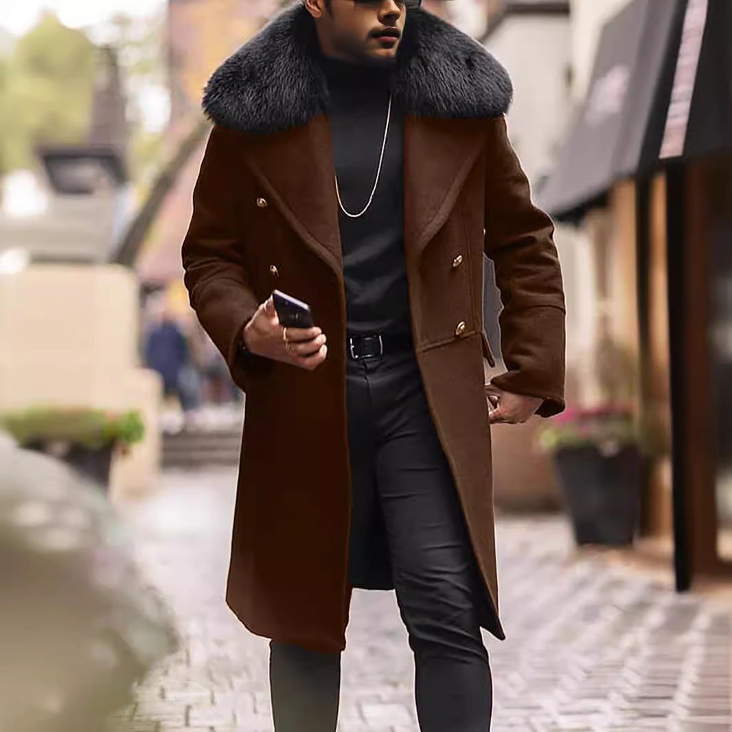 Men's Double-Breasted Wool Coat with Large Faux Fur Collar Chichicherry