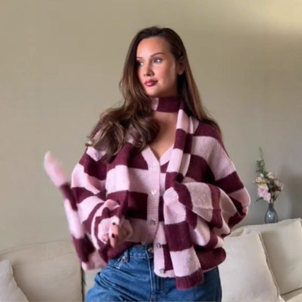 Women's Oversized Knit Cardigan Set with Block Stripes, Button Placket and Matching Scarf Chichicherry