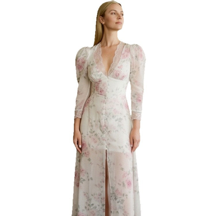 Women's Romantic Chiffon Maxi Dress with Lace V-Neck, Puff Sleeves and Front Slit Chichicherry
