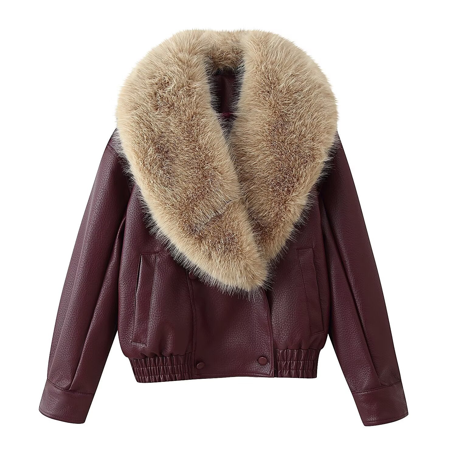 Women's Short-Cut Leather Bomber Jacket with Voluminous Removable Fur Collar Chichicherry