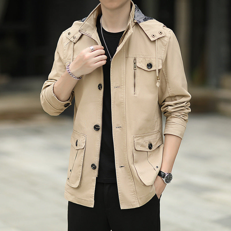 Men's lightweight canvas field jacket with hood, multifunction pockets and zipper Chichicherry