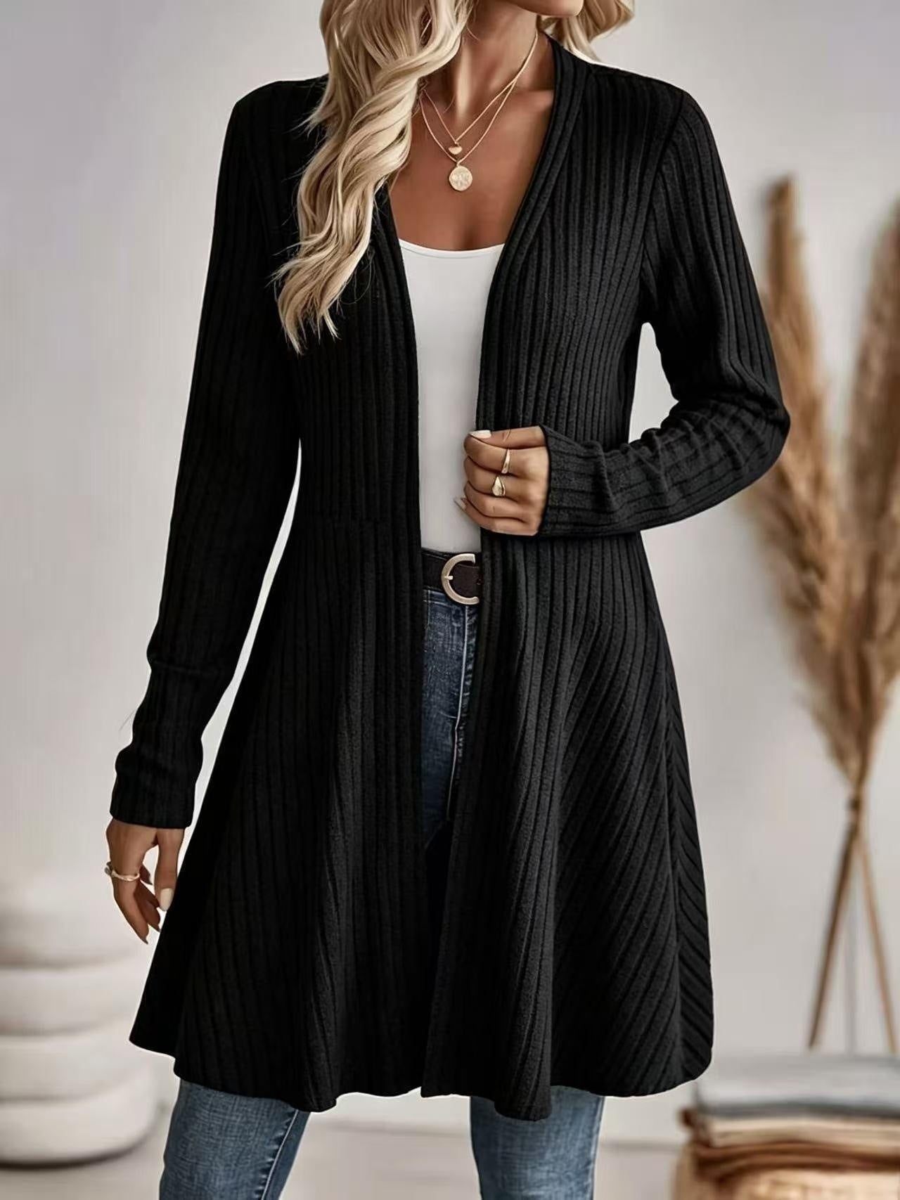 Women Long Ribbed Cardigan with Open Front Design and Light Fall Chichicherry