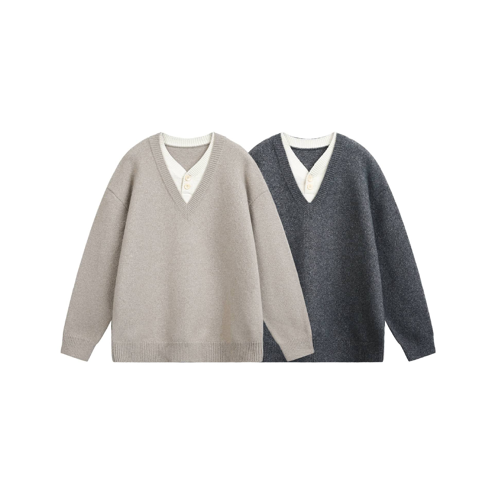 Women Oversize V Neck Knit Sweater with Henley Look and Ribbed Cuffs Chichicherry