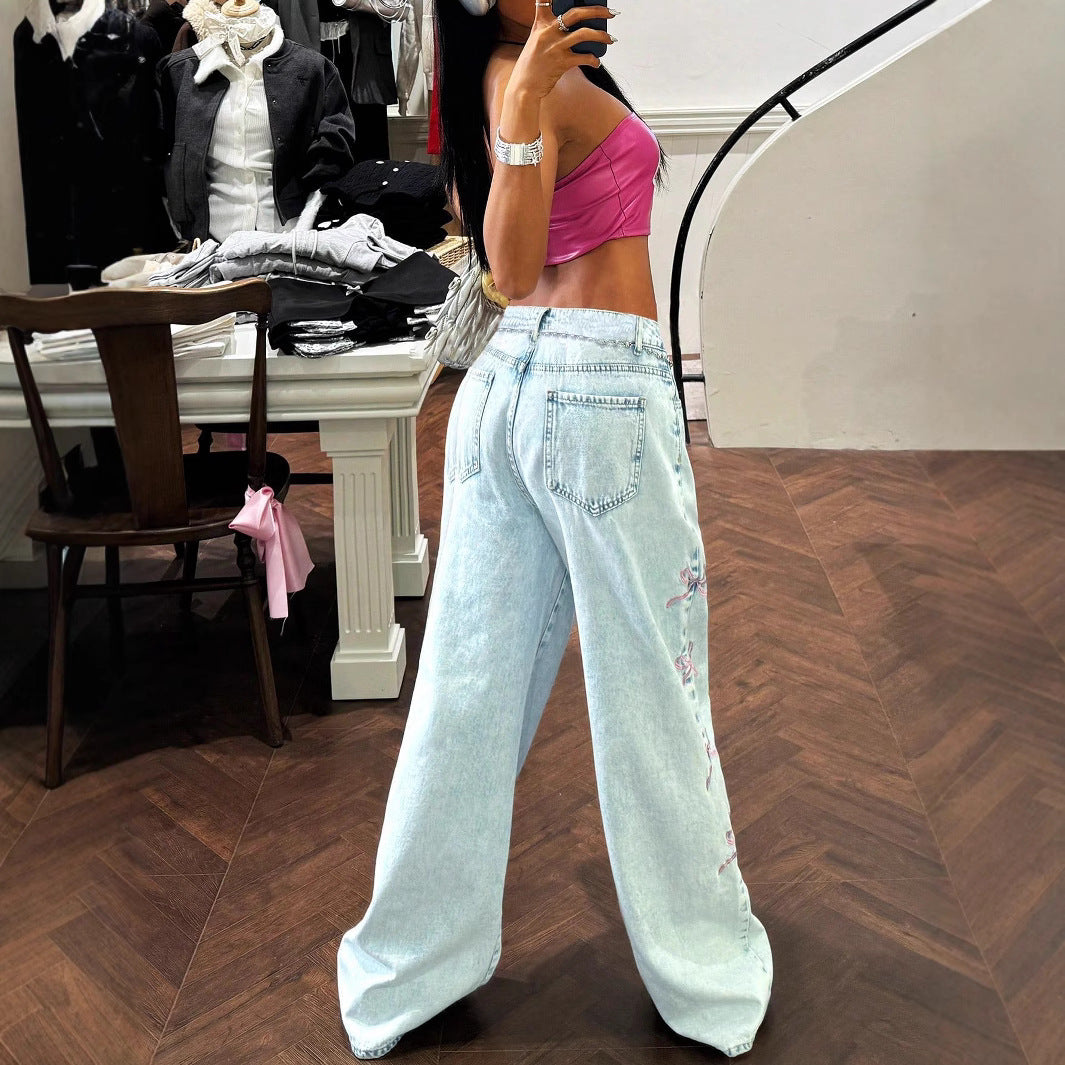 Ladies wide high-waist denim jeans with lace band belt and flared leg Chichicherry