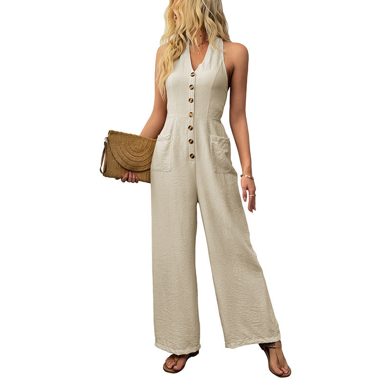 Women Sleeveless Linen Look Jumpsuit with V-Neck, Button Placket and Wide Leg Chichicherry