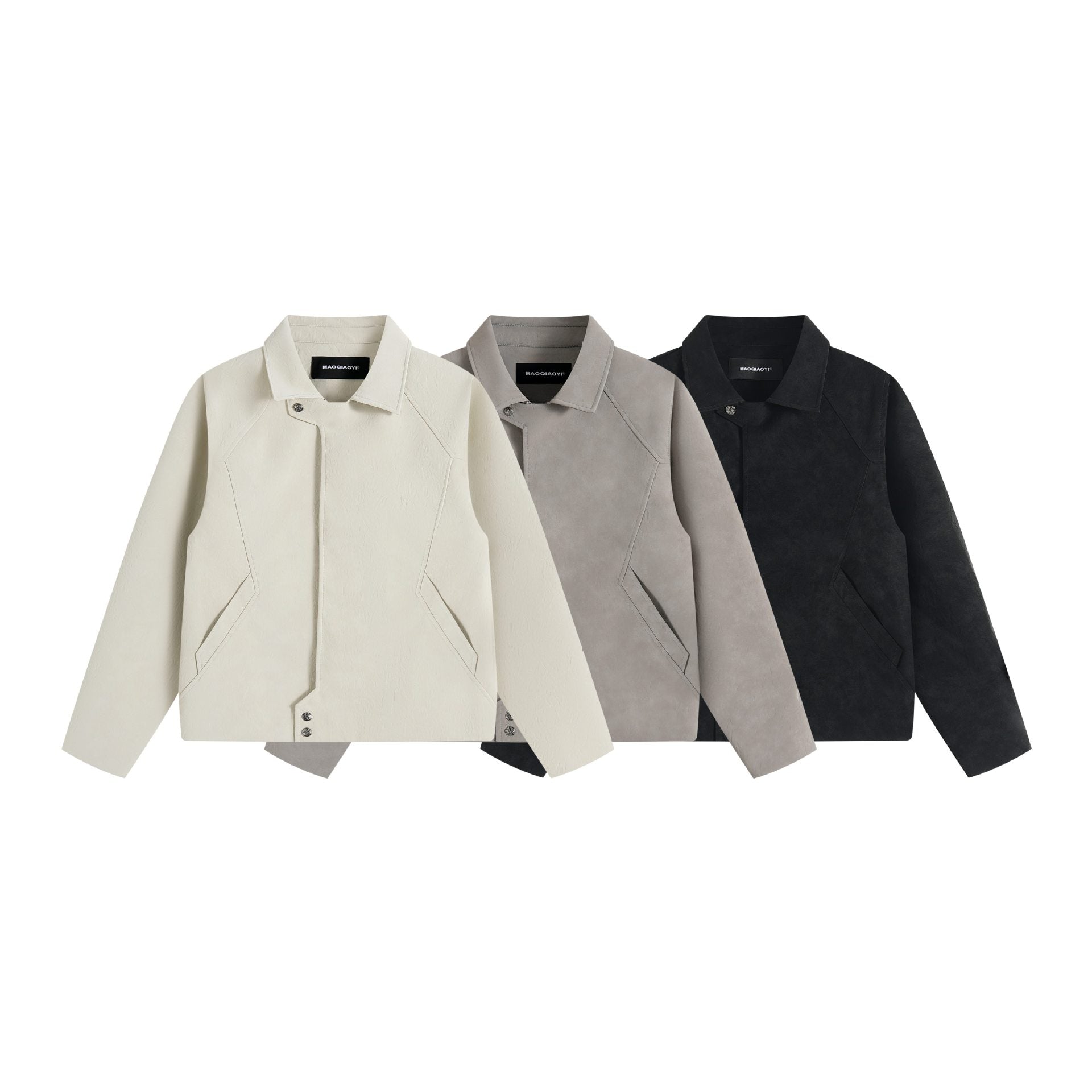 Men's short jacket in suede look with asymmetric front flap and geometric flap pockets.