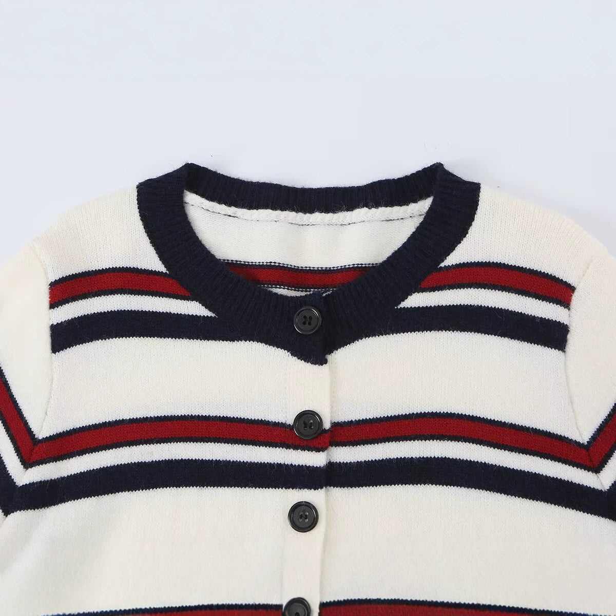 Women Striped Short Cardigan with Round Neck, Button Placket and Ribbed Cuffs Chichicherry