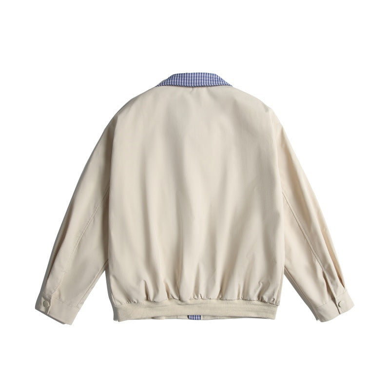 Men's Lightweight Harrington Bomber Jacket with Checkered Shirt Collar and Flap Pockets Chichicherry