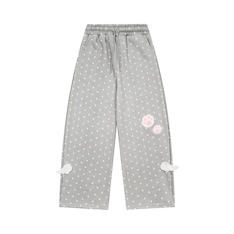 Women’s Relaxed Lounge Pants with Elastic Waistband, Allover Star Print and Paw Print Application Chichicherry