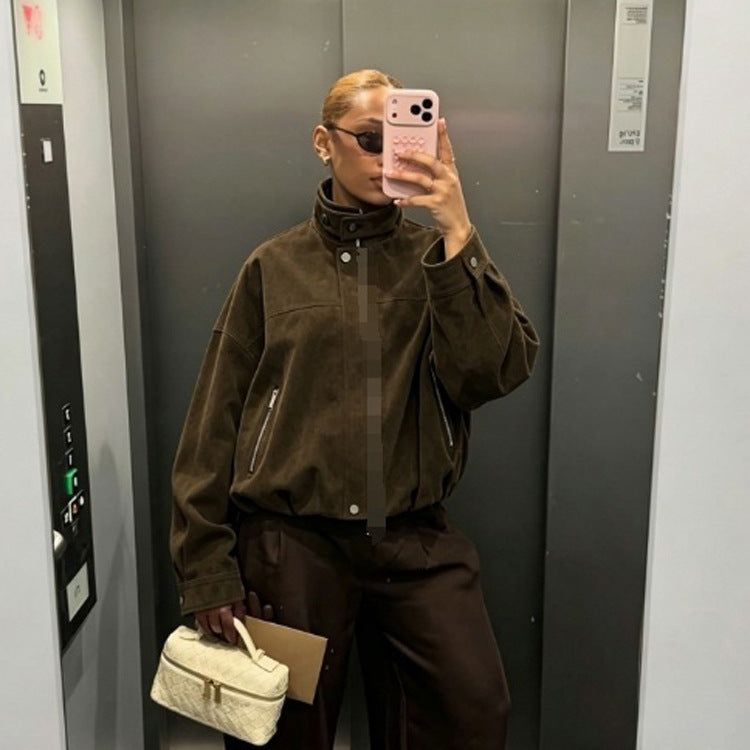 Women's Boxy Suede Bomber Jacket with High Stand Collar and Elastic Hem Chichicherry
