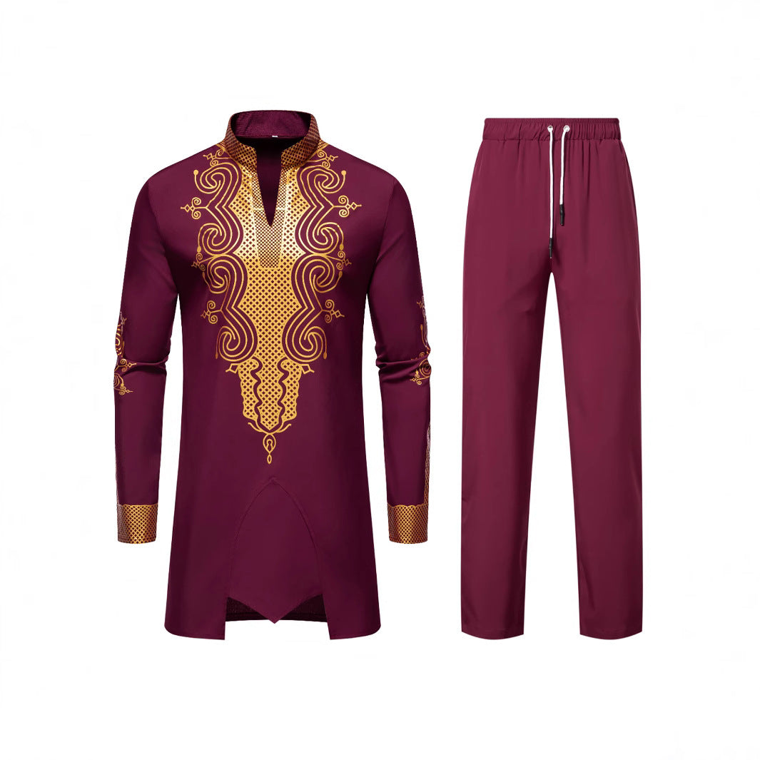 Men's Traditional Embroidered Tunic Set with Mandarin Collar and Elastic Pants Chichicherry