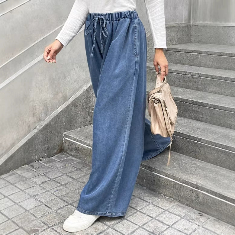Women's Relaxed Palazzo Jeans with Drawstring Waist, Side Pockets and Extra Wide Leg Chichicherry