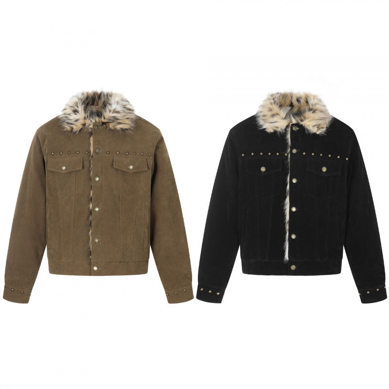 Men's short jacket made of suede leather imitation with faux fur collar and stud details Chichicherry