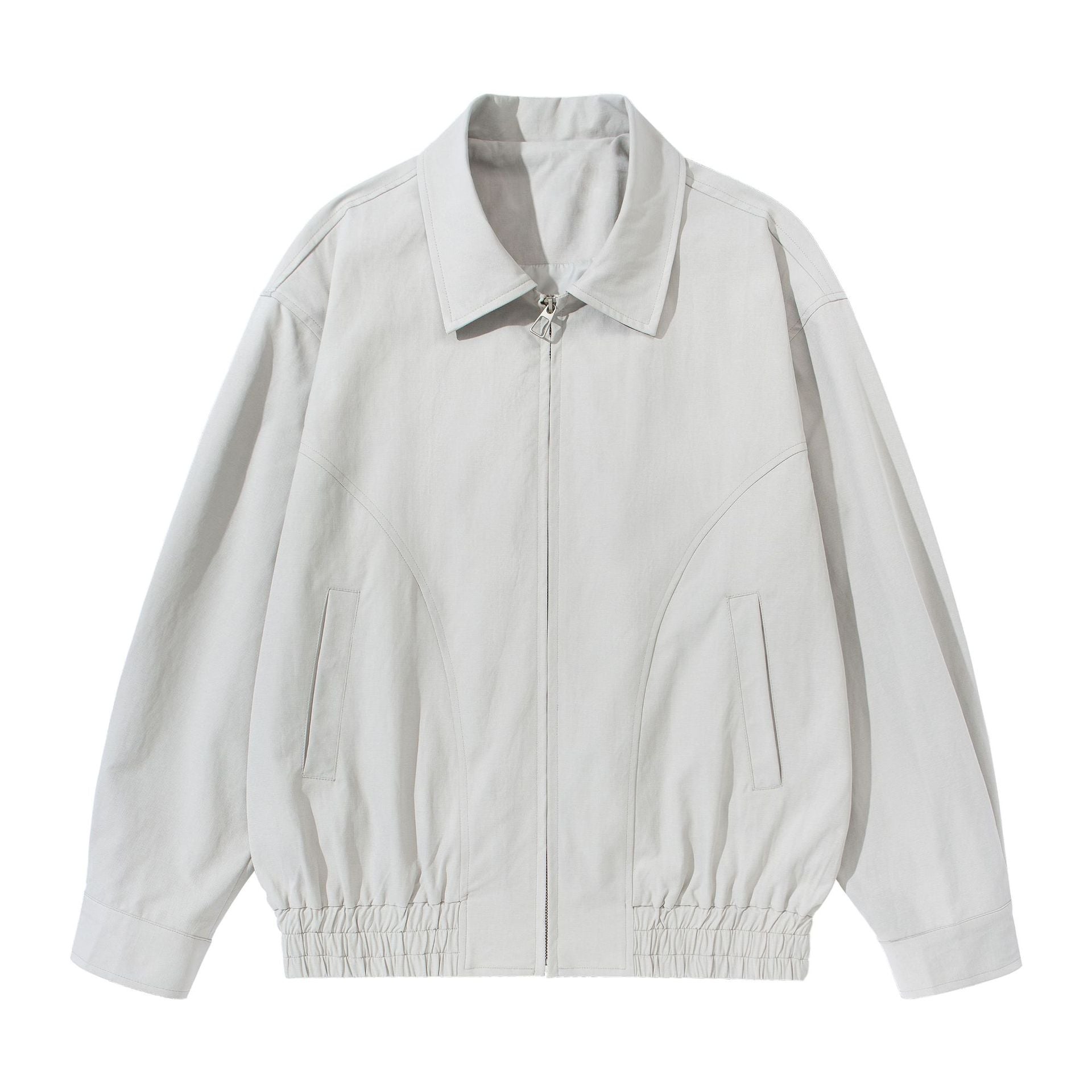 Unisex Short Cut Boxy Blouson Jacket with Shirt Collar, Concealed Zipper and Gathered Hem Chichicherry