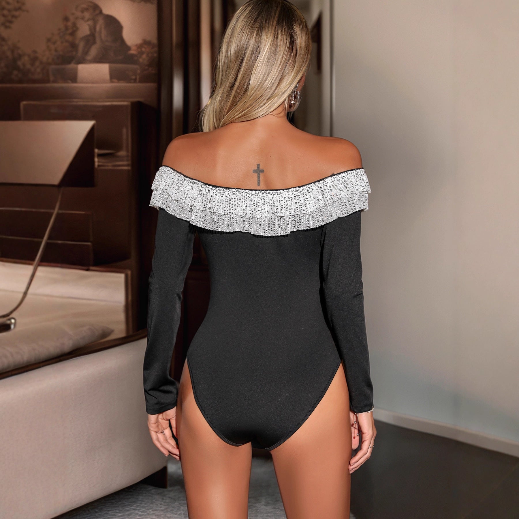 Women's Off-Shoulder Bodysuit with Sequin Ruffle and Long Sleeve Chichicherry