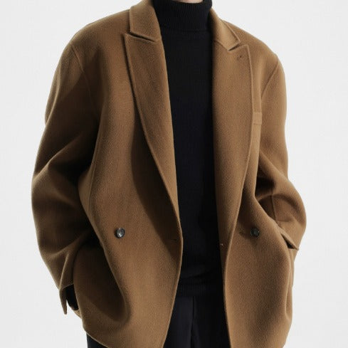 Men's Boxy Wool Blend Short Coat with Double Button and Notched Lapel Chichicherry