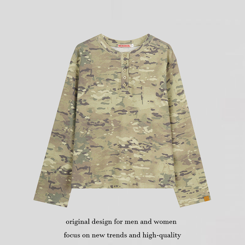 Women's Long Sleeve Henley Shirt in Waffle Knit with Military Camouflage Print and Button Placket Chichicherry