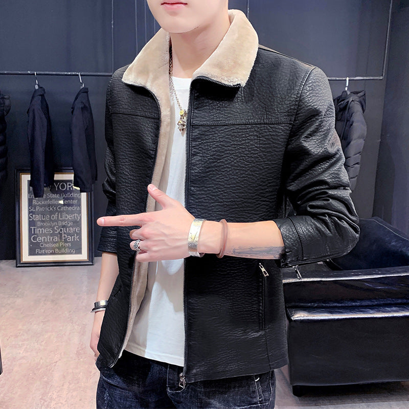 Men's slim-fitting faux leather bomber jacket with textured finish and teddy collar Chichicherry