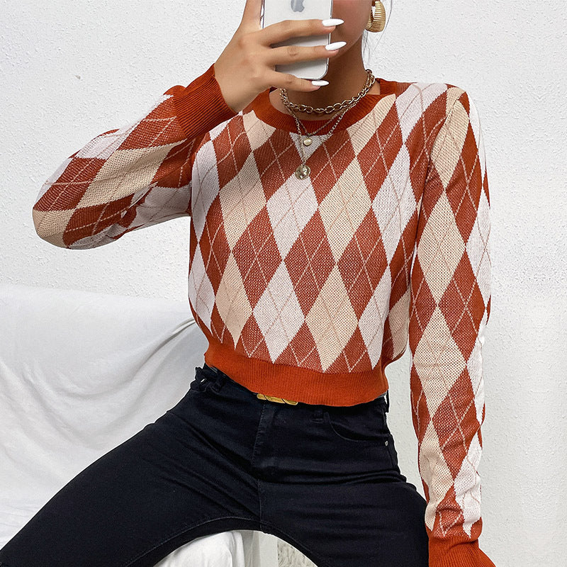 Women's Cropped Knit Sweater with Argyle Diamond Pattern and Fitted Ribbed Hem Chichicherry