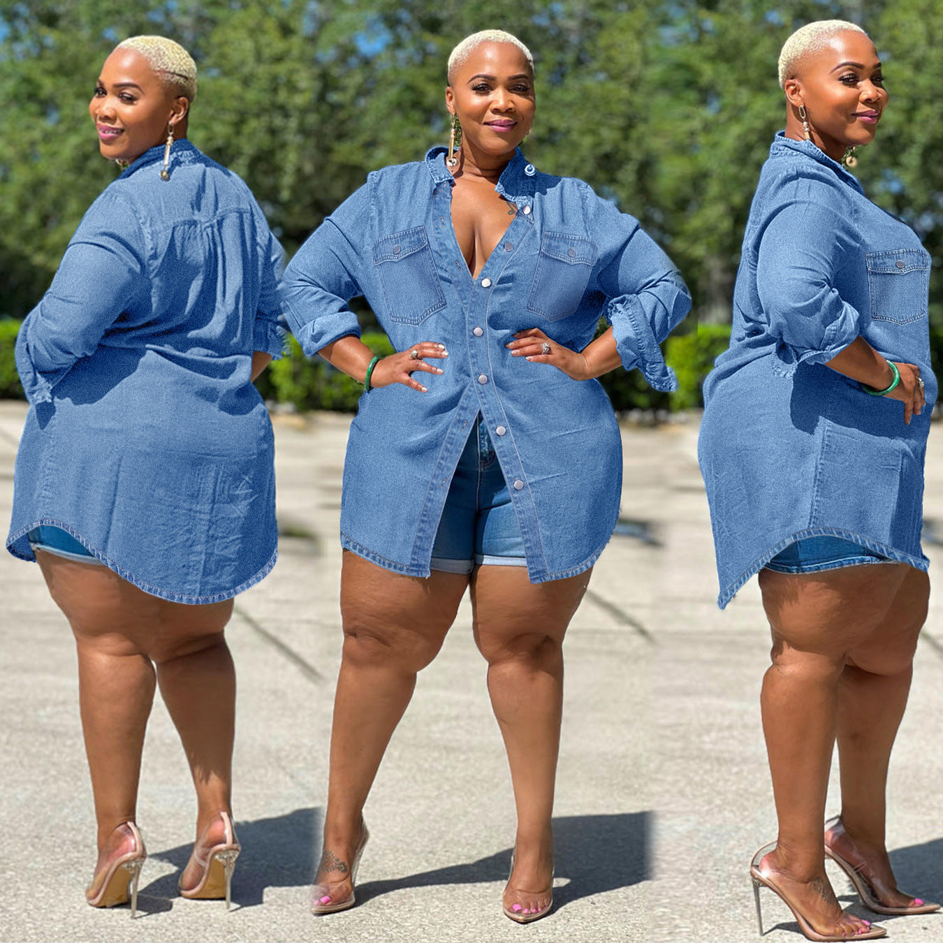 Ladies Oversized Denim Shirt Blouse in Longline Cut with Rolled Sleeves and Breast Pockets Chichicherry