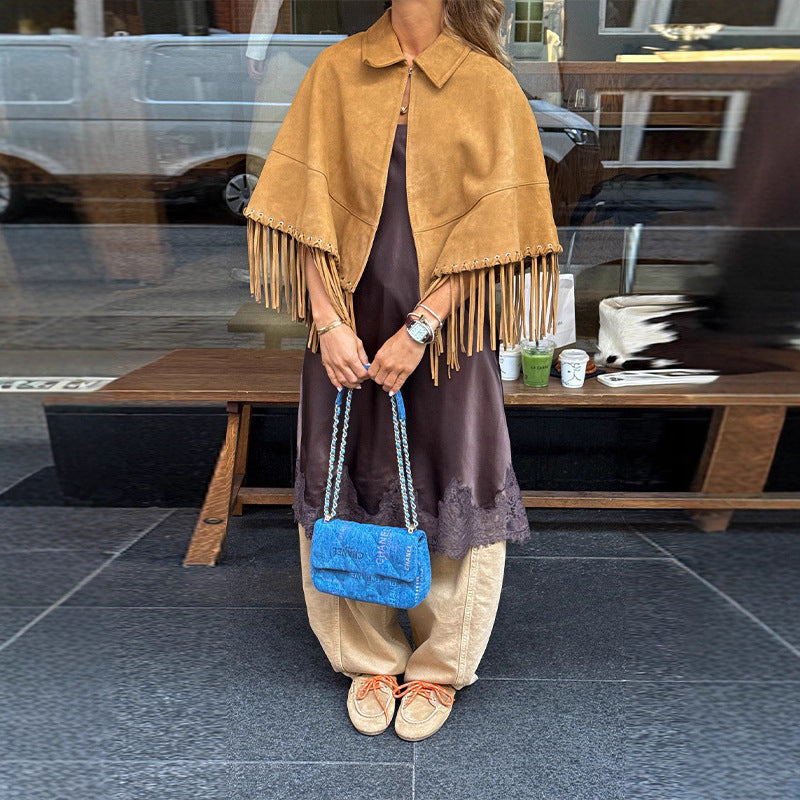 Women's Suede-Look Fringe Cape with Shirt Collar and Eyelet Decoration Chichicherry