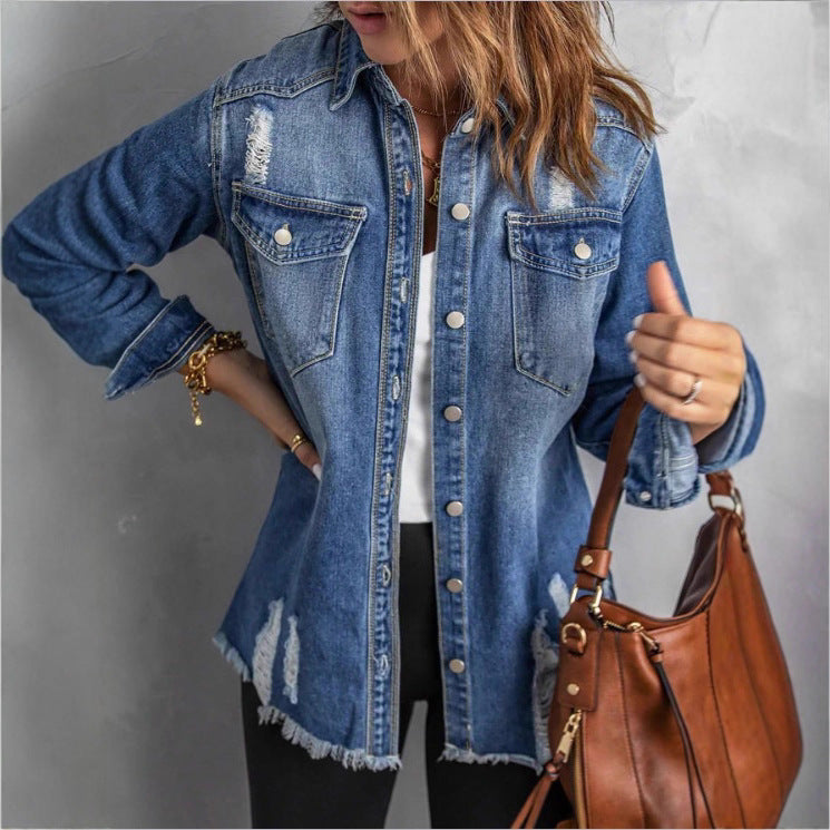 Women Casual Oversized Denim Jacket with Destroyed Details, Shirt Collar and Fringed Hem Chichicherry