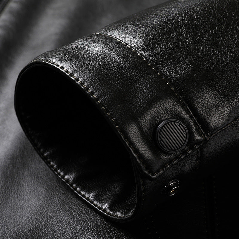 Men's Smooth Faux Leather Zip Jacket in Shirt Collar Style with Minimalist Seam Design Chichicherry