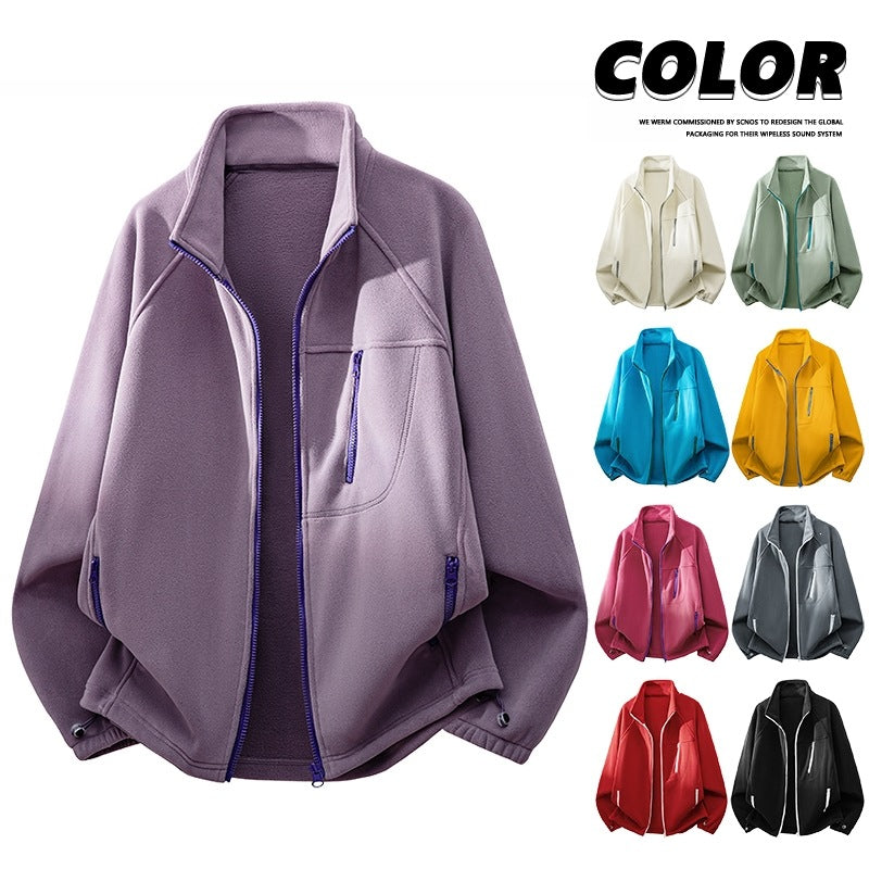 Unisex Lightweight Fleece Jacket with Stand-Up Collar, Raglan Sleeves and Multiple Zip Pockets Chichicherry