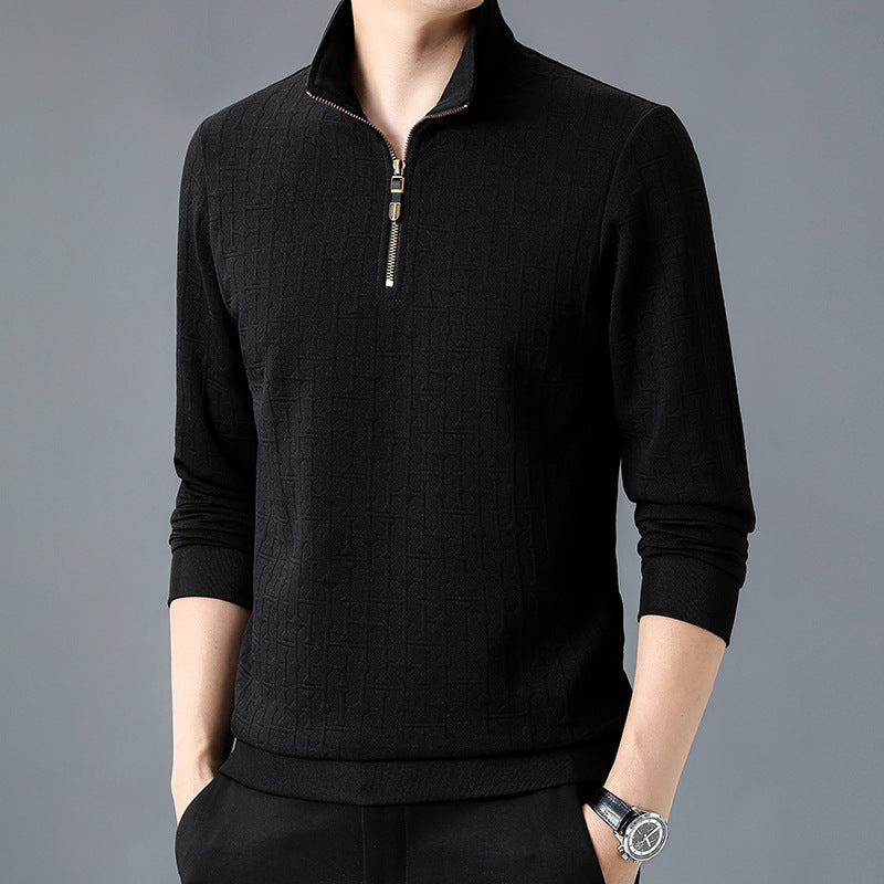 Men's Structure Jacquard Sweater with Short Zipper and Stand-Up Collar Chichicherry