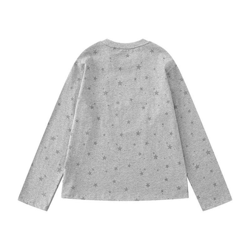 Women's Relaxed-Fit Long Sleeve with Cartoon Cat Motif and Tonal Star Pattern Chichicherry