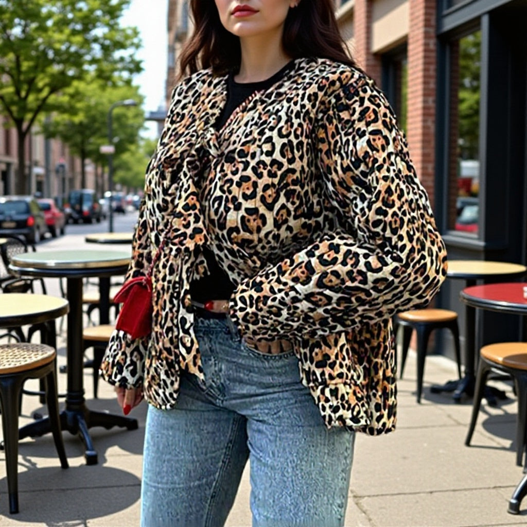 Women's Lightweight Blouson Jacket in Leopard Print with Ties and Patch Pockets Chichicherry