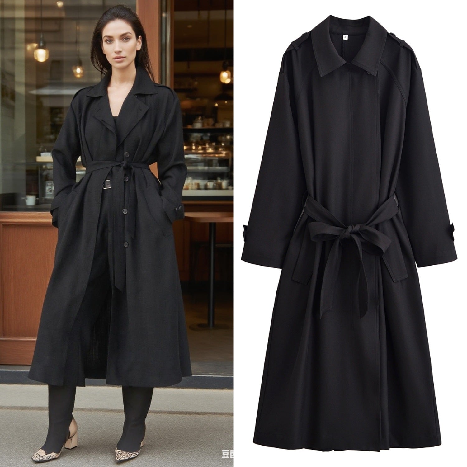 Ladies longer waist-adjustable trench coat with tie belt and epaulettes Chichicherry