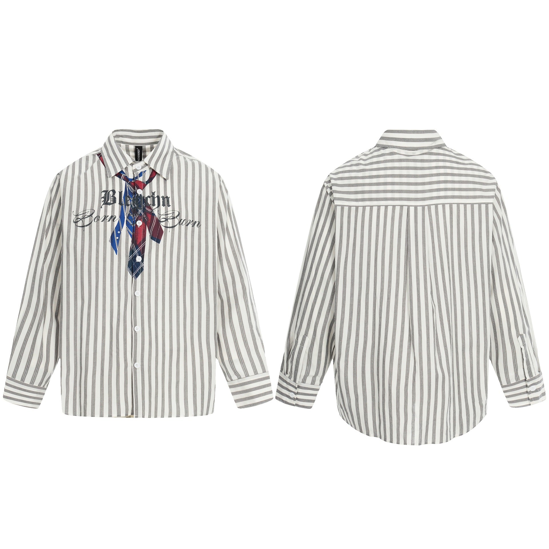 Women Oversize Shirt with Vertical Stripes, Tie Print and Vintage Inscription Chichicherry
